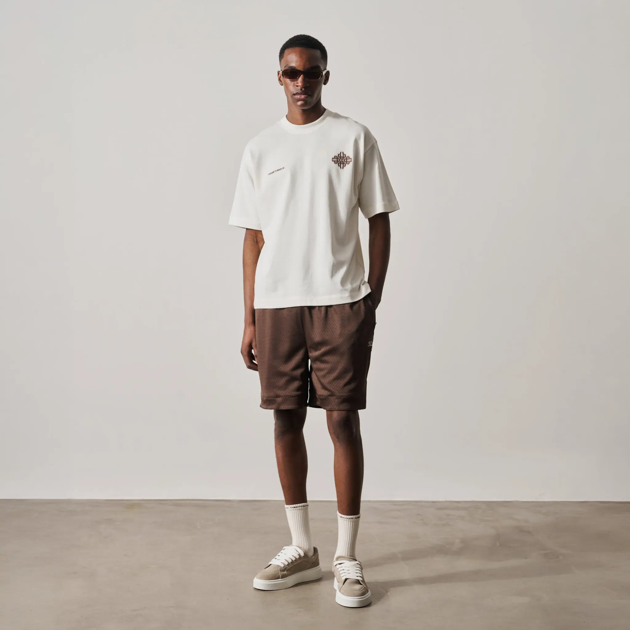 Model View of The Couture Club Airtex Brown Shorts